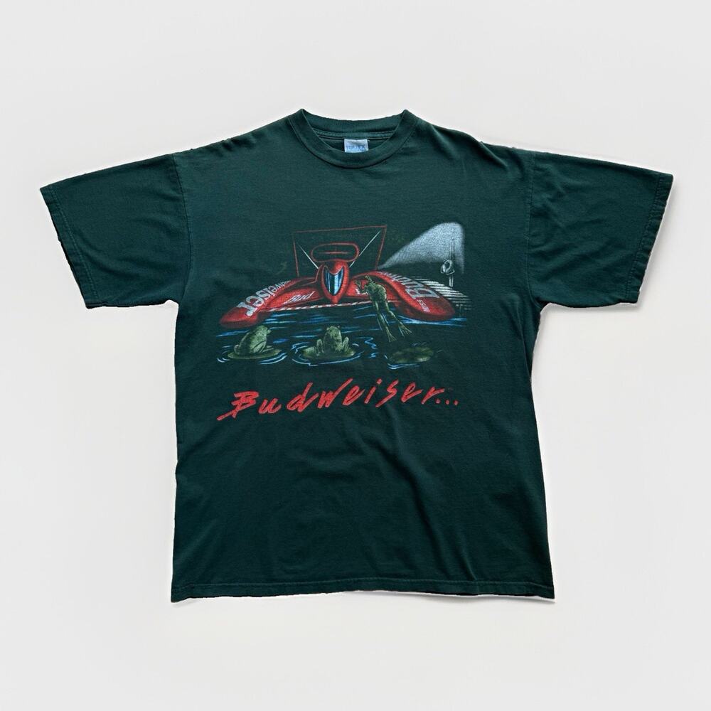Vintage Budweiser Frog Shirt XL Green 90s Swamp Speed Boat Beer Promo